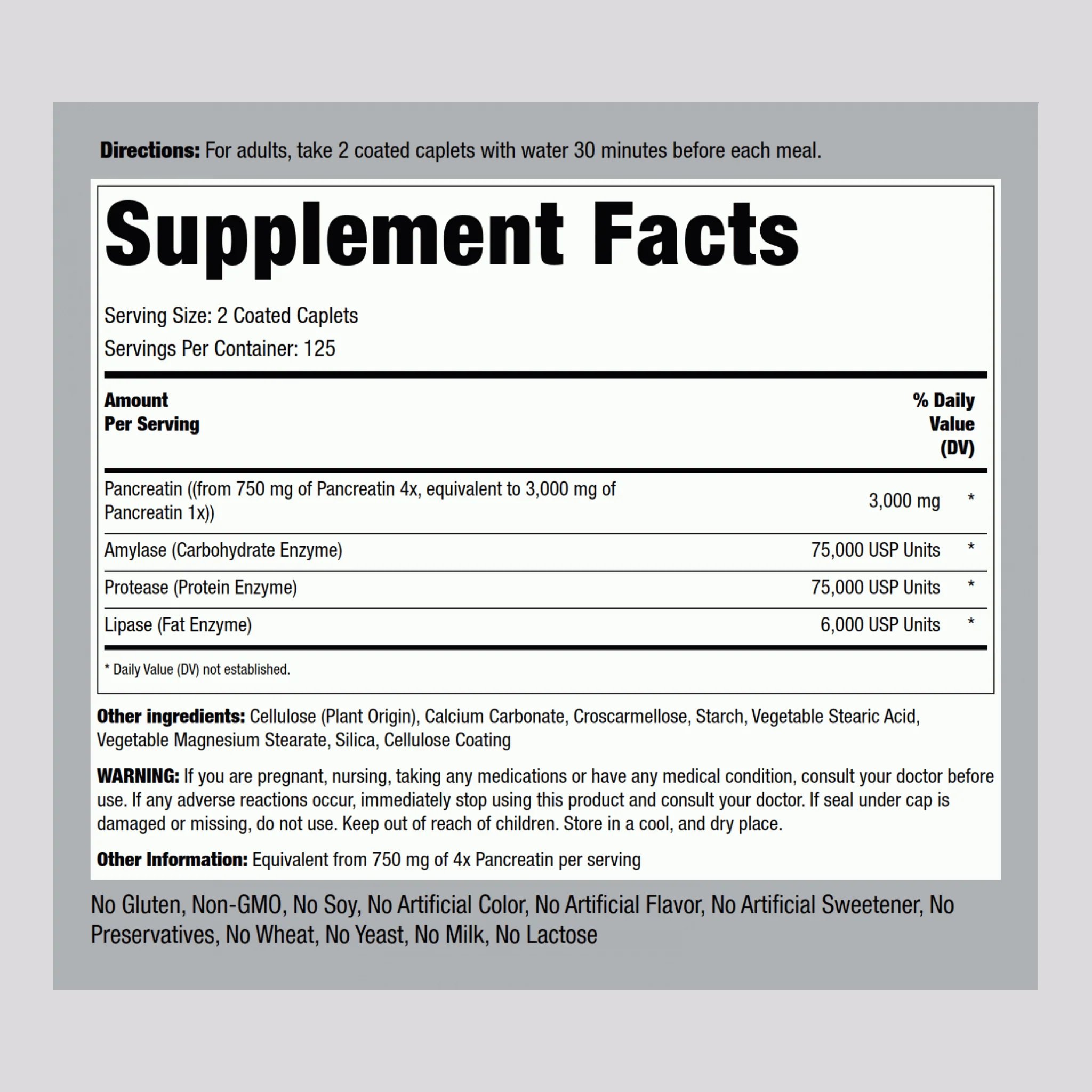 Ultra Strength Pancreatin Enzyme, 3000 mg (per serving), 250 Coated Caplets, 2  Bottles - Image 2
