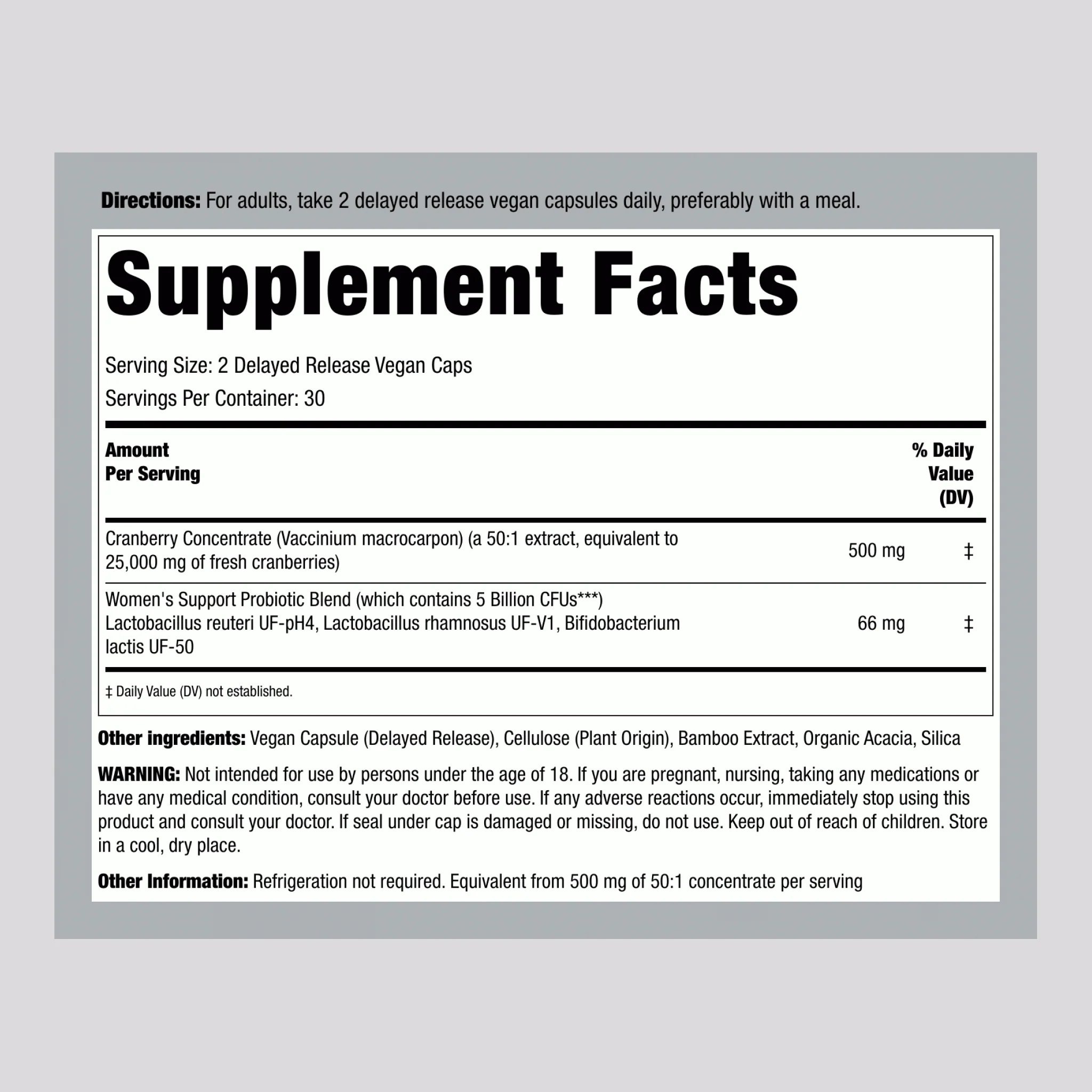 Urinary + Vaginal Probiotic + Cranberry, 25,000 mg (per serving), 60 Delayed Release Vegan Caps - Image 2