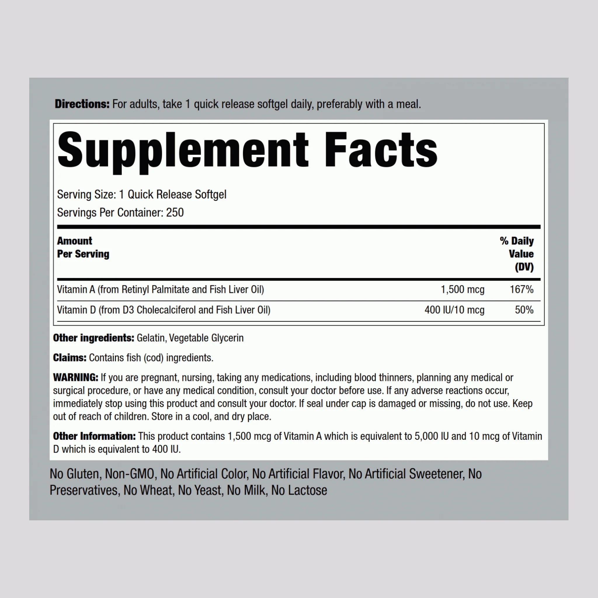 Vitamin A & D3, A 5,000 IU D-400 IU , 250 Quick Release Softgels - Image 2