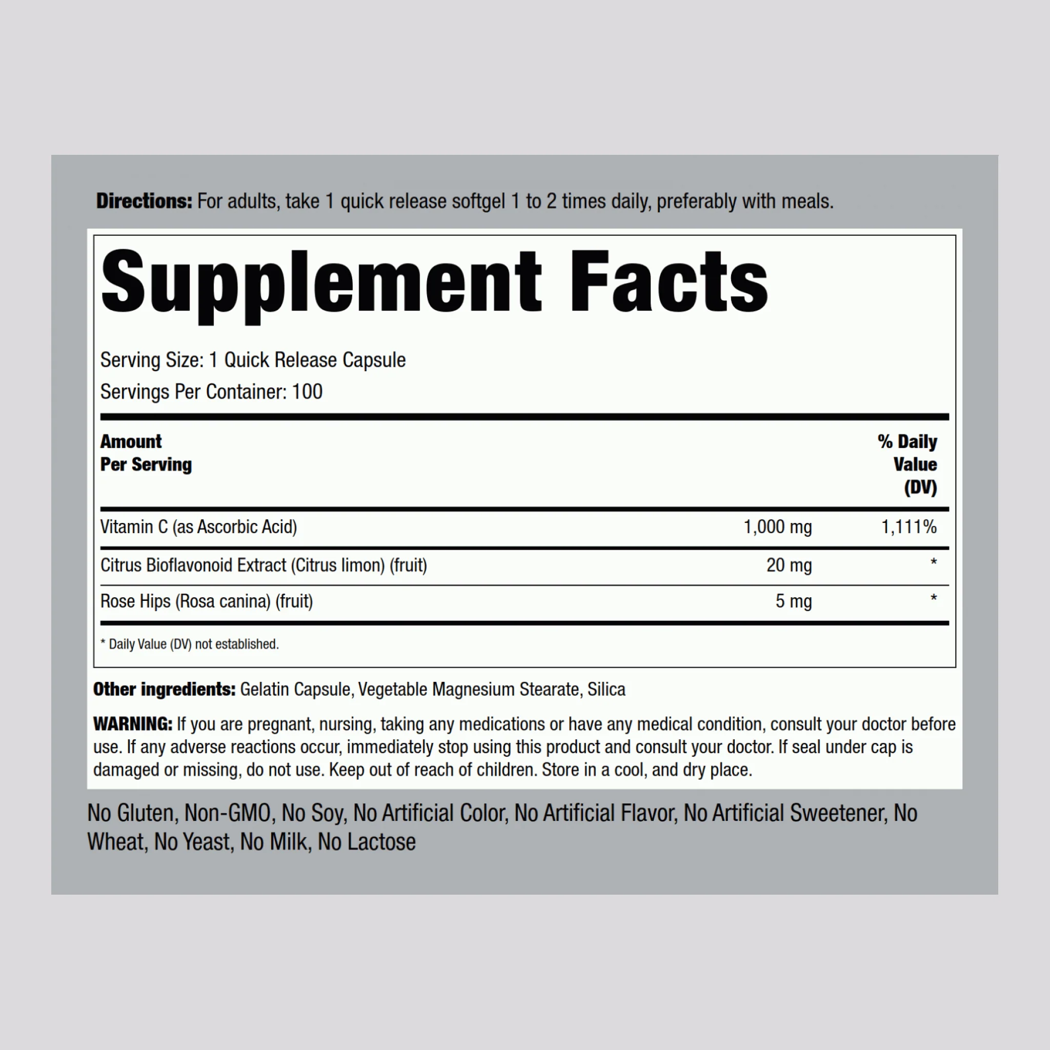 Vitamin C 1000 mg with Bioflavonoids & Rose Hips, 100 Quick Release Capsules - Image 2