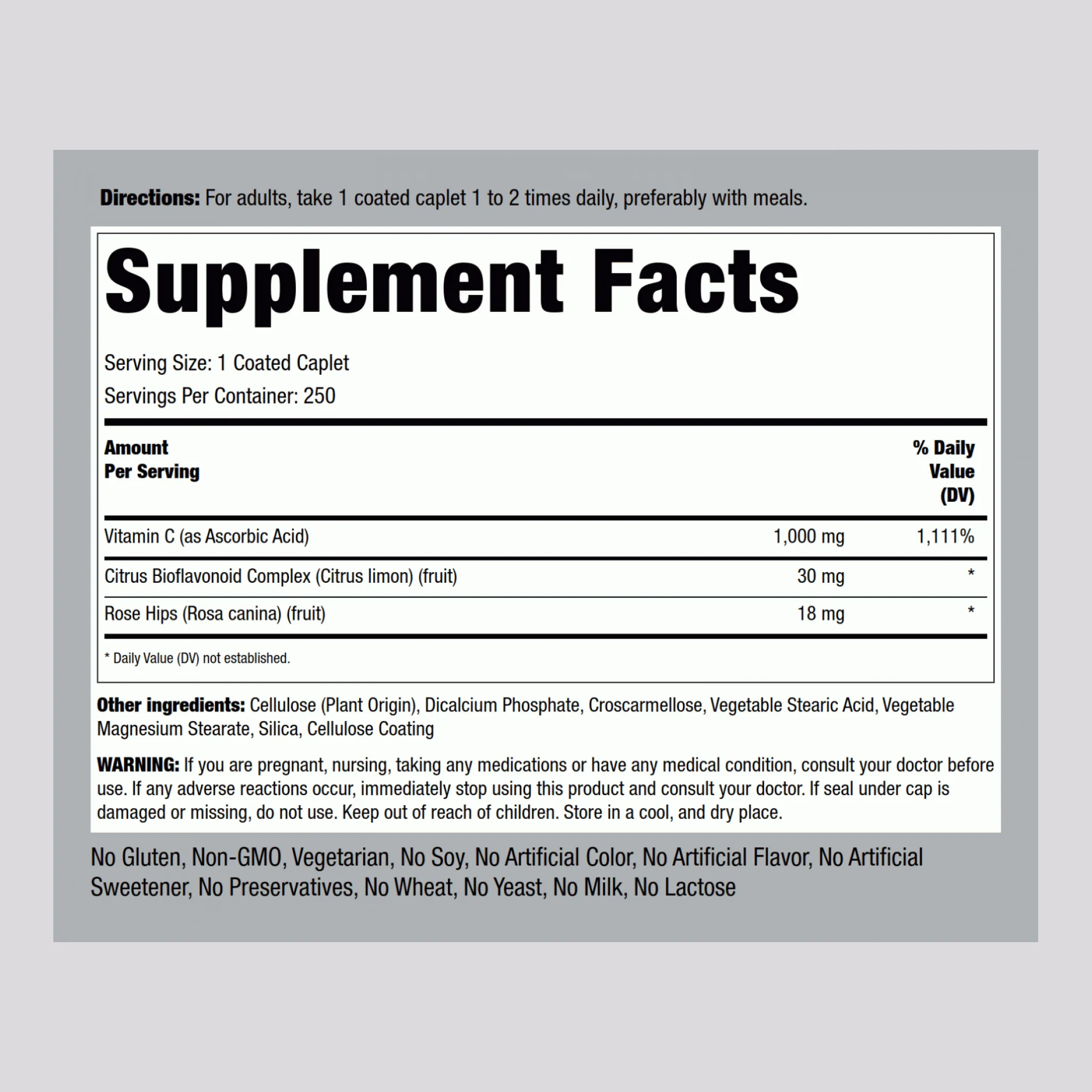 Vitamin C 1000 mg with Bioflavonoids & Rose Hips, 250 Coated Caplets - Image 2