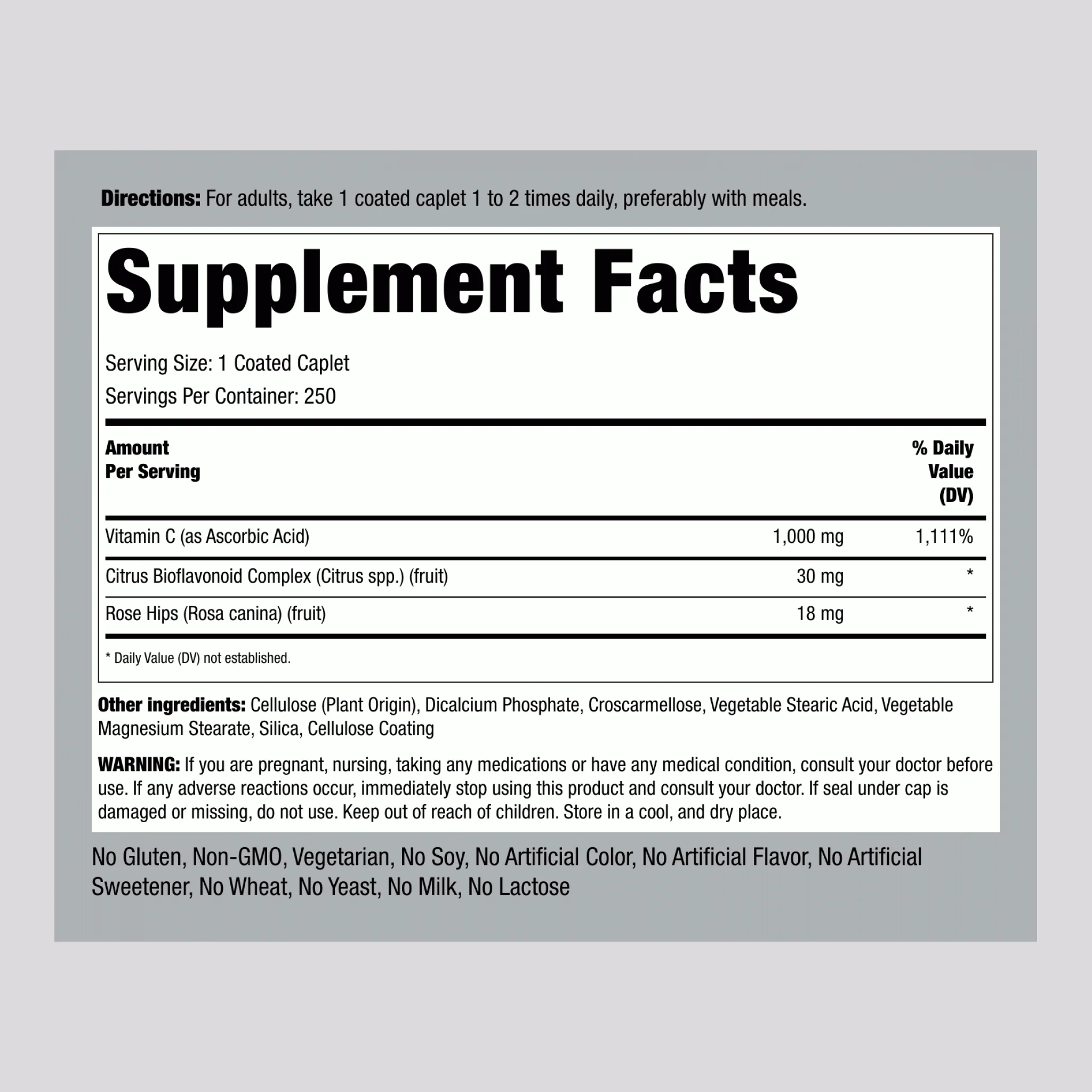 Vitamin C 1000 mg with Bioflavonoids & Rose Hips, 250 Coated Caplets, 2  Bottles - Image 2