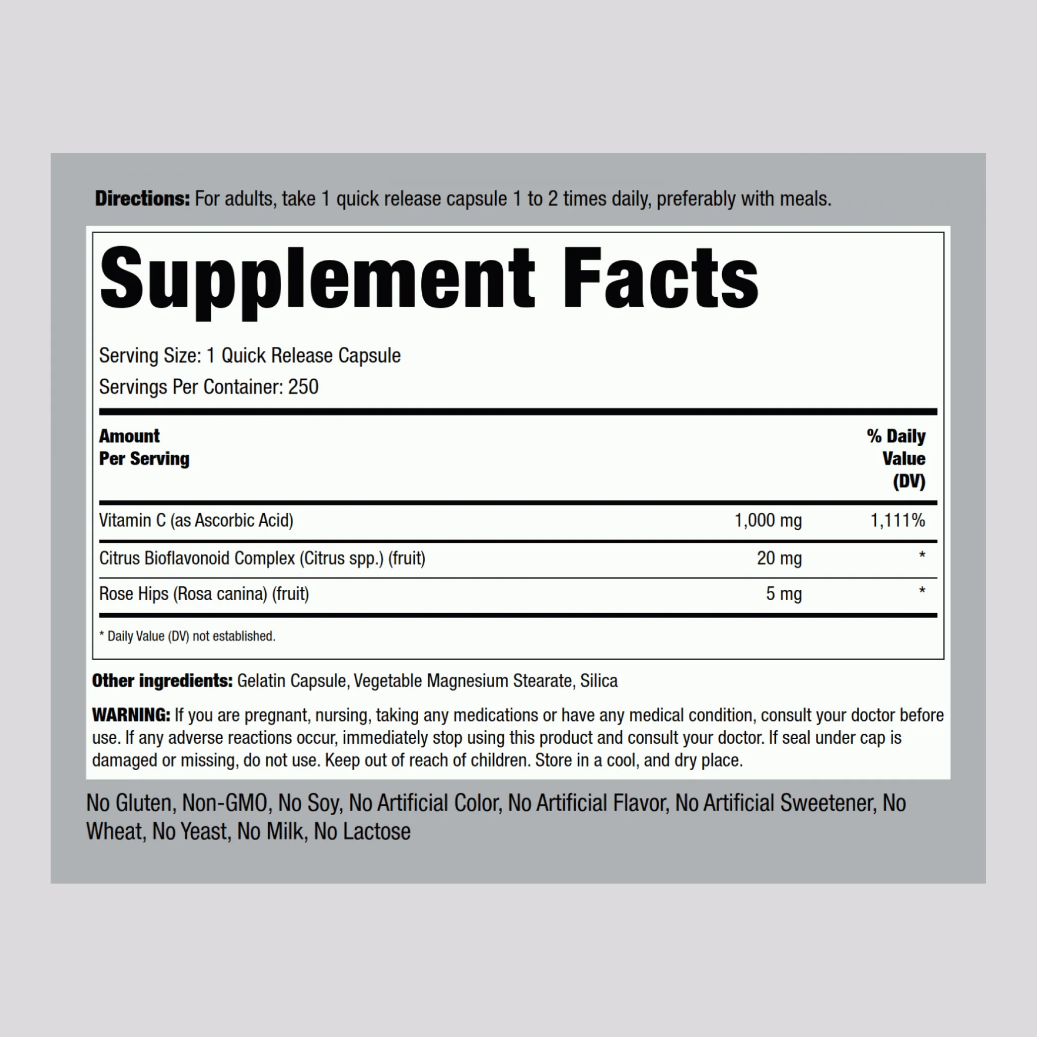 Vitamin C 1000 mg with Bioflavonoids & Rose Hips, 250 Quick Release Capsules - Image 2