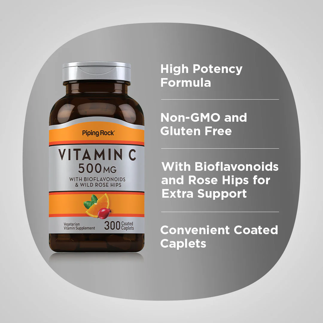 Vitamin C 500 mg with Bioflavonoids & Rose Hips, 300 Coated Caplets - Image 3