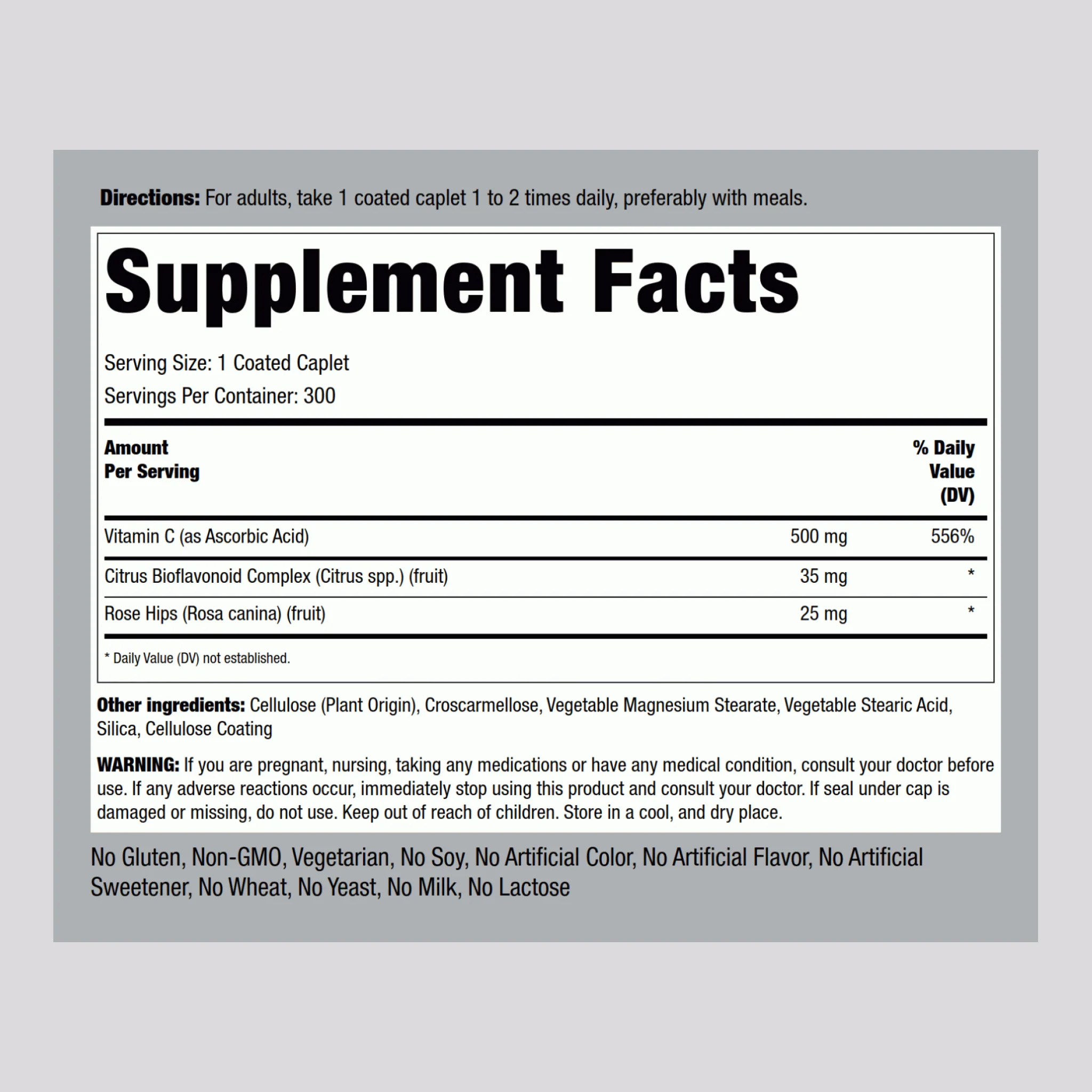 Vitamin C 500 mg with Bioflavonoids & Rose Hips, 300 Coated Caplets, 2  Bottles - Image 2