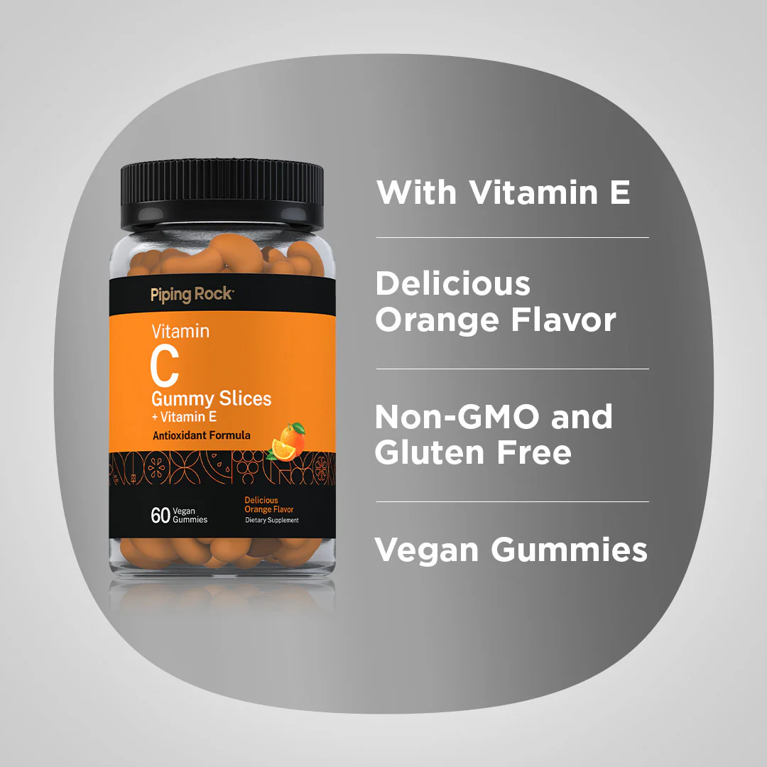 Vitamin C Gummy Slices + Vitamin E (Delicious Orange), 60 Vegan Gummies - Image 3