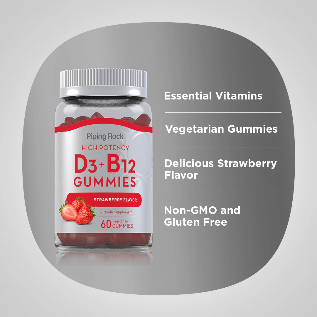 Vitamin D3 + B12 (Delicious Strawberry), 60 Vegetarian Gummies, 2  Bottles - Image 3