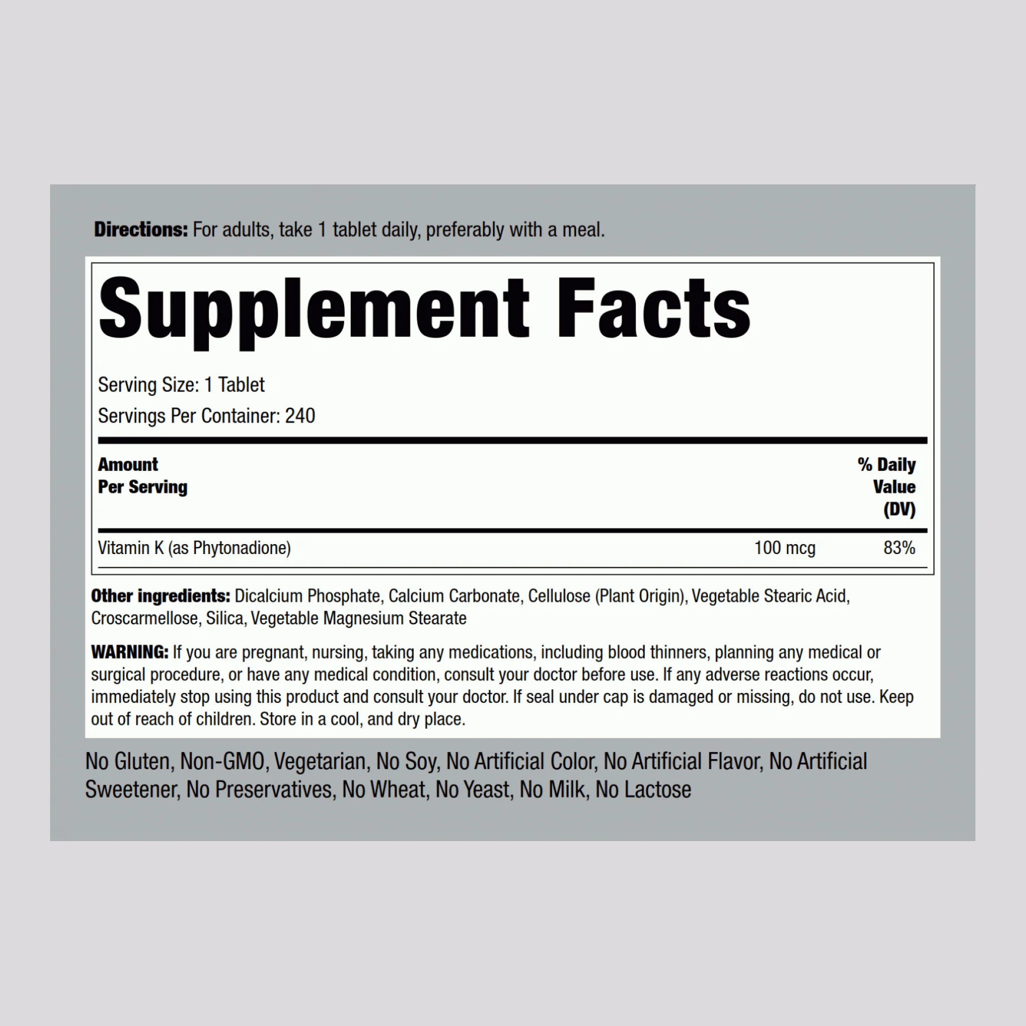 Vitamin K, 100 mcg, 240 Tablets - Image 2