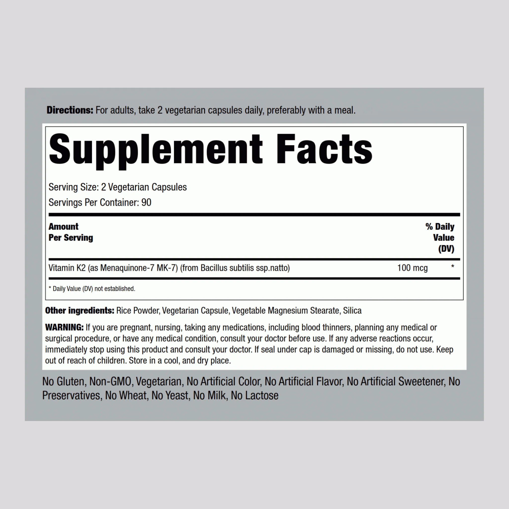 Vitamin K-2 MK-7, 100 mcg (per serving), 180 Vegetarian Capsules, 2  Bottles - Image 2