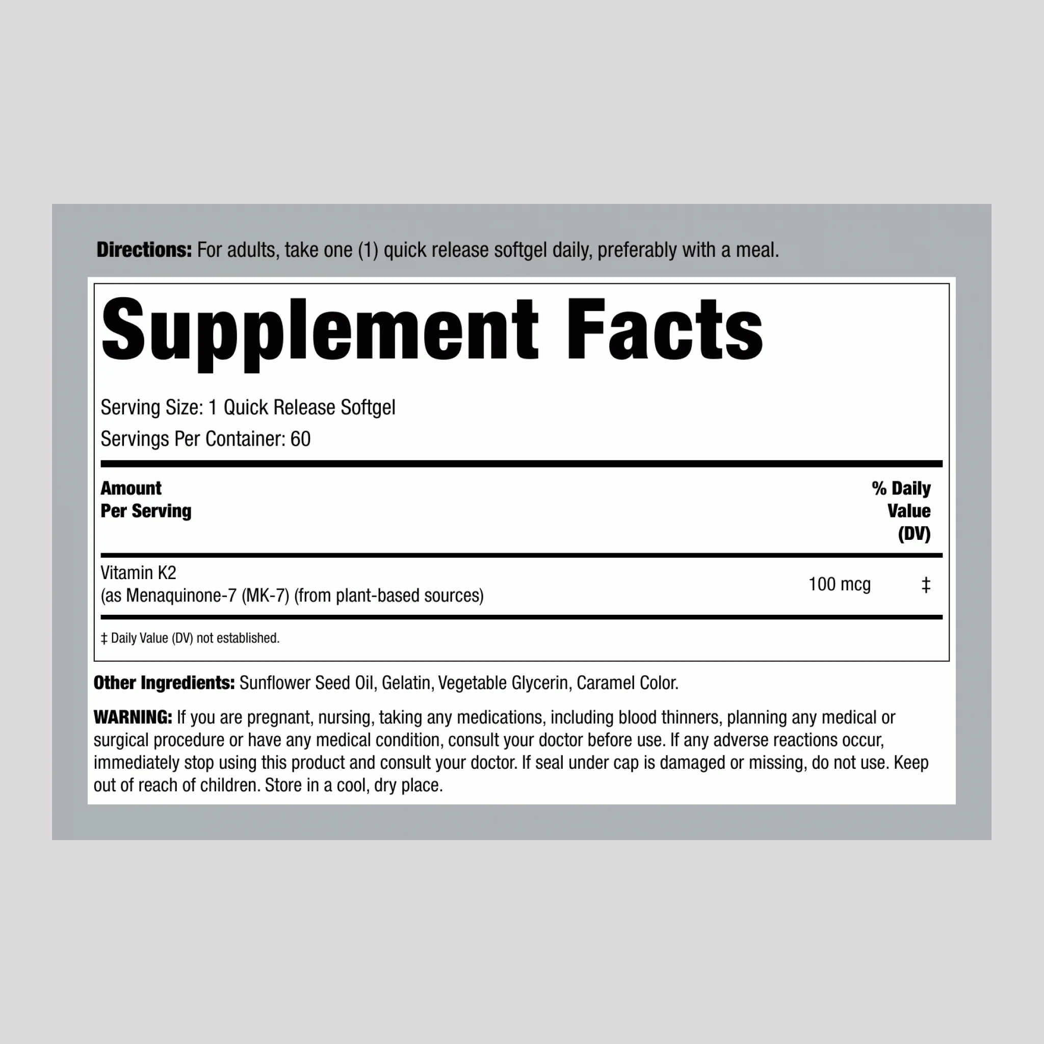 Vitamin K2 MK-7, 100 mcg, 60 Quick Release Softgels - Image 2