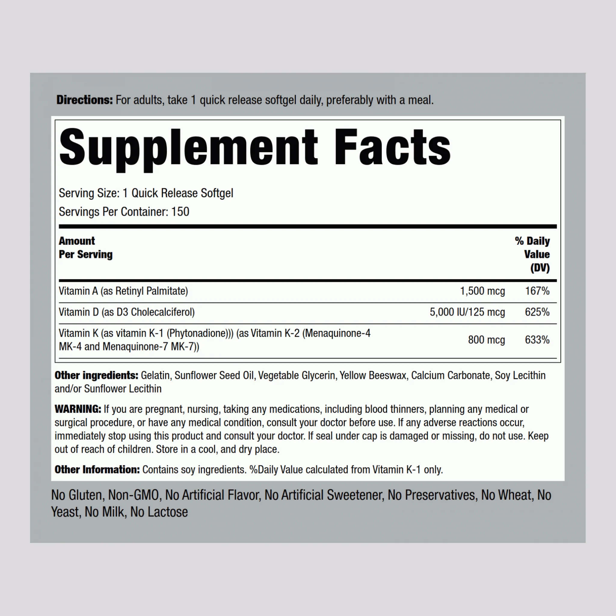 Vitamins A (1500 mcg) D (5000 IU) & K (800 mcg), 150 Quick Release Softgels, 2  Bottles - Image 2
