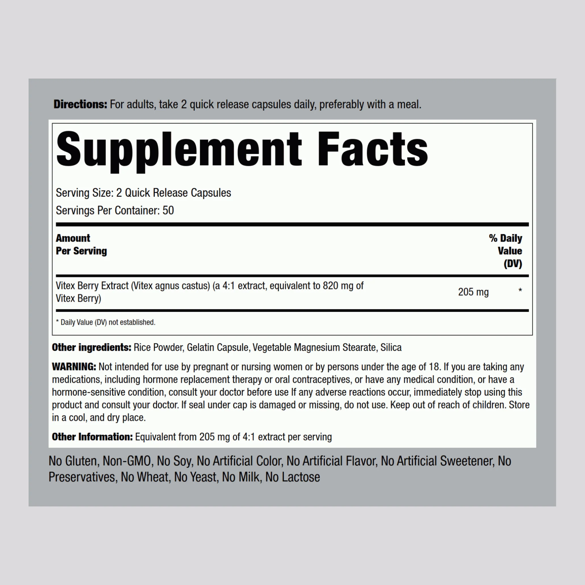 Vitex (Chasteberry Fruit), 820 mg (per serving), 100 Quick Release Capsules, 2  Bottles - Image 2