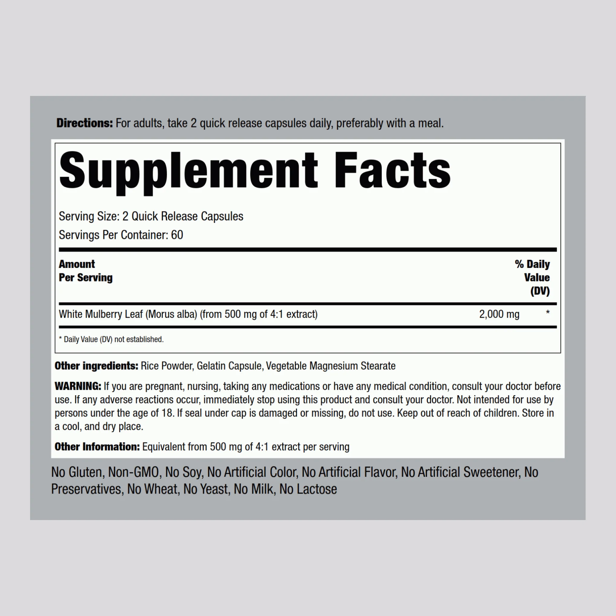 White Mulberry Leaf Extract, 2000 mg (per serving), 120 Quick Release Capsules - Image 2