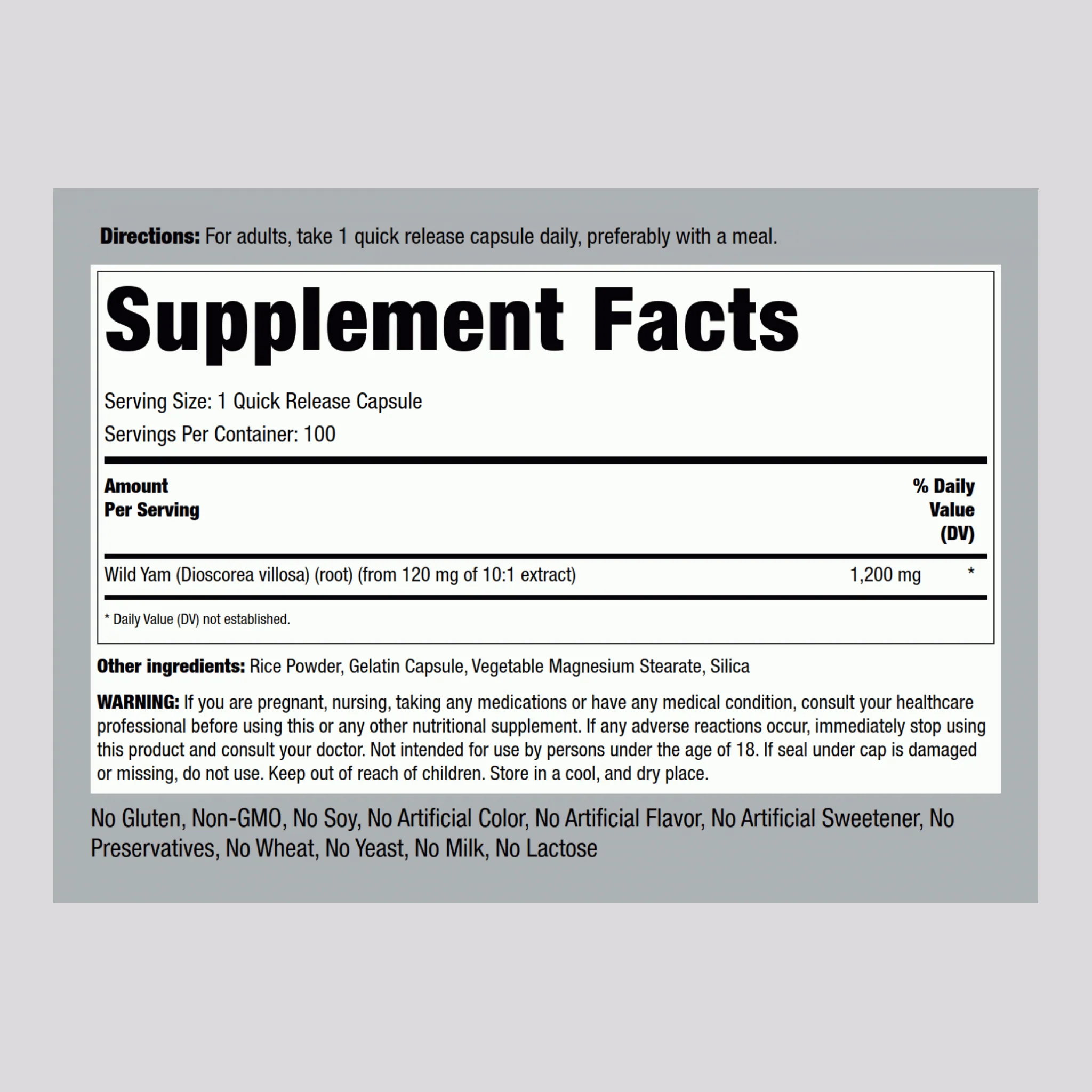 Wild Yam Root, 1200 mg, 100 Quick Release Capsules - Image 2