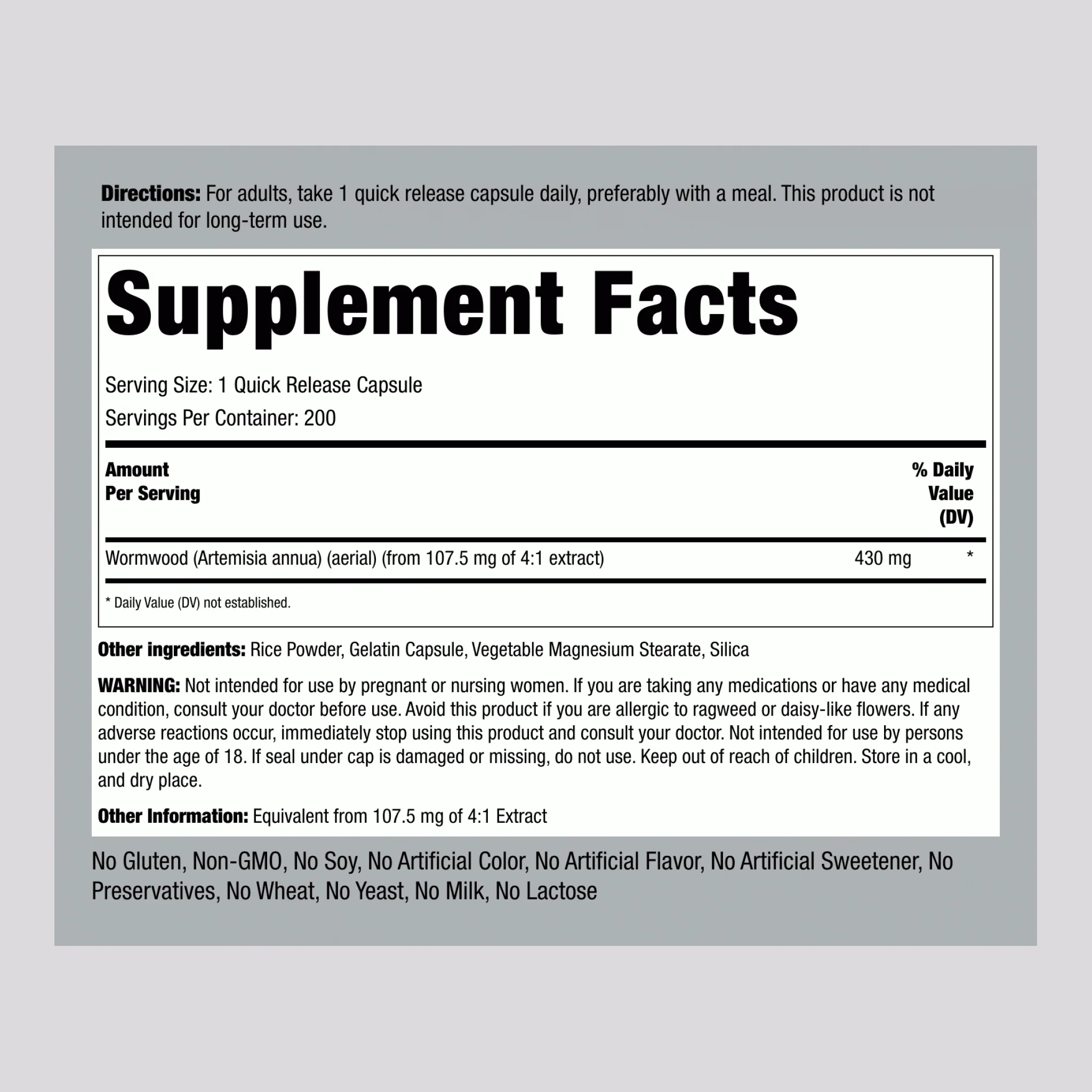 Wormwood (Artemisia annua), 430 mg, 200 Quick Release Capsules - Image 2