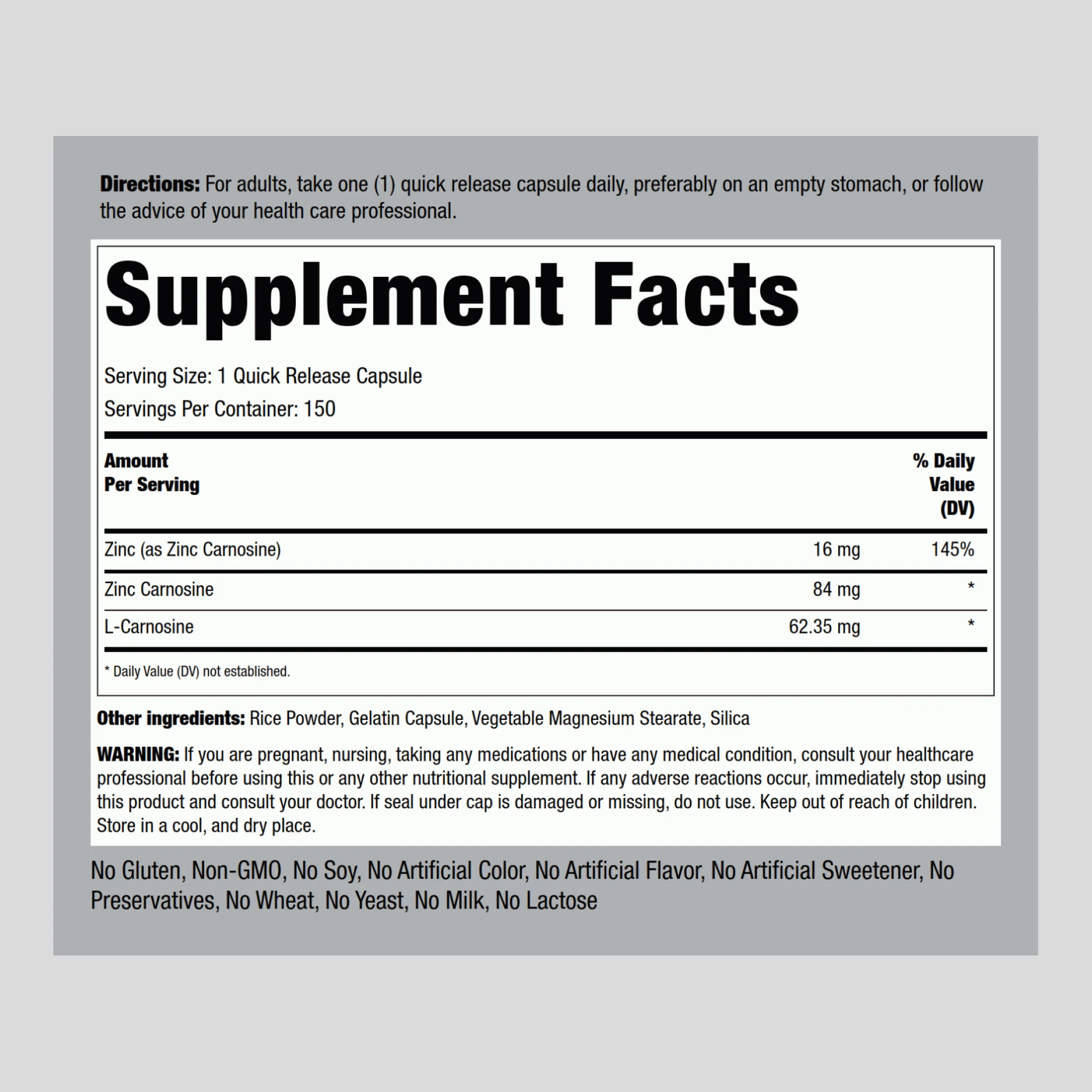 Zinc Carnosine, 84 mg, 150 Quick Release Capsules - Image 2