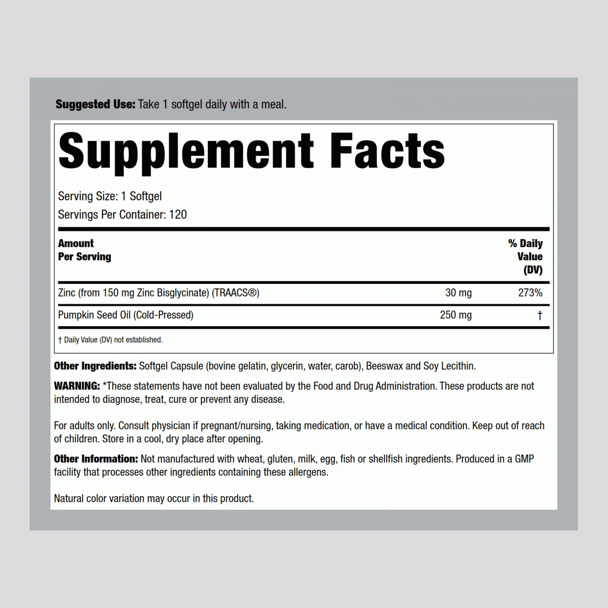 Zinc Glycinate with Pumpkin Seed Oil, 30 mg, 120 Softgels - Image 2